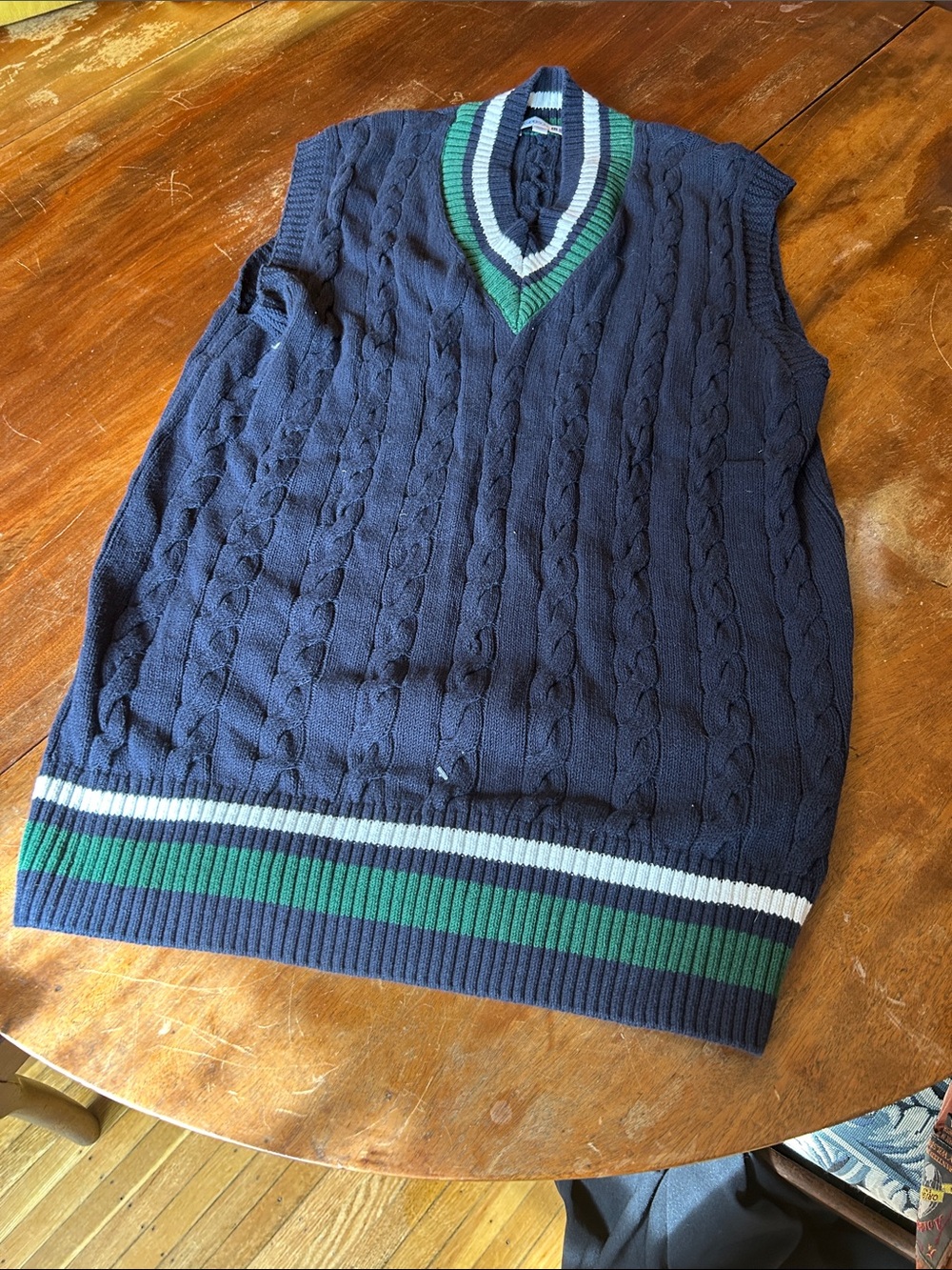 JW ANDERSON Navy Cable-Knit V-Neck Sweater Vest with Green & White Trim